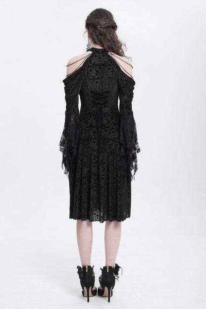 Black Off Shoulder Drawstring Jacquard Embroidery Women's Gothic Party Dress