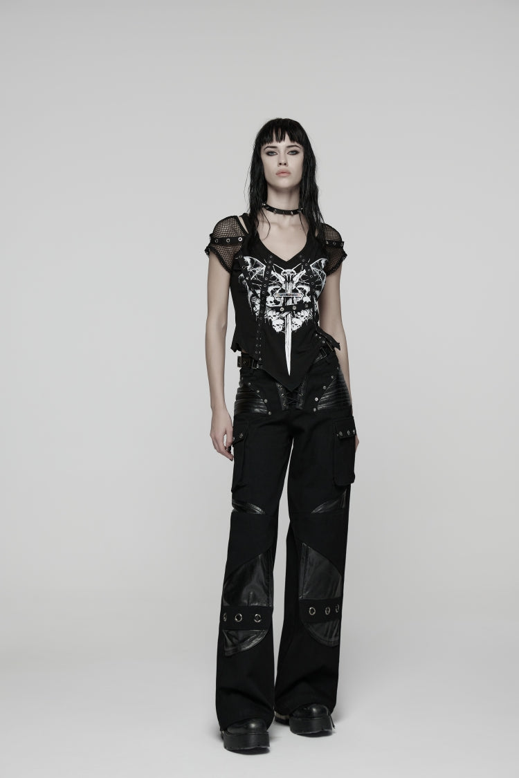 Black Lace Lace-Up Buckled Women's Big Pocket Punk Pants