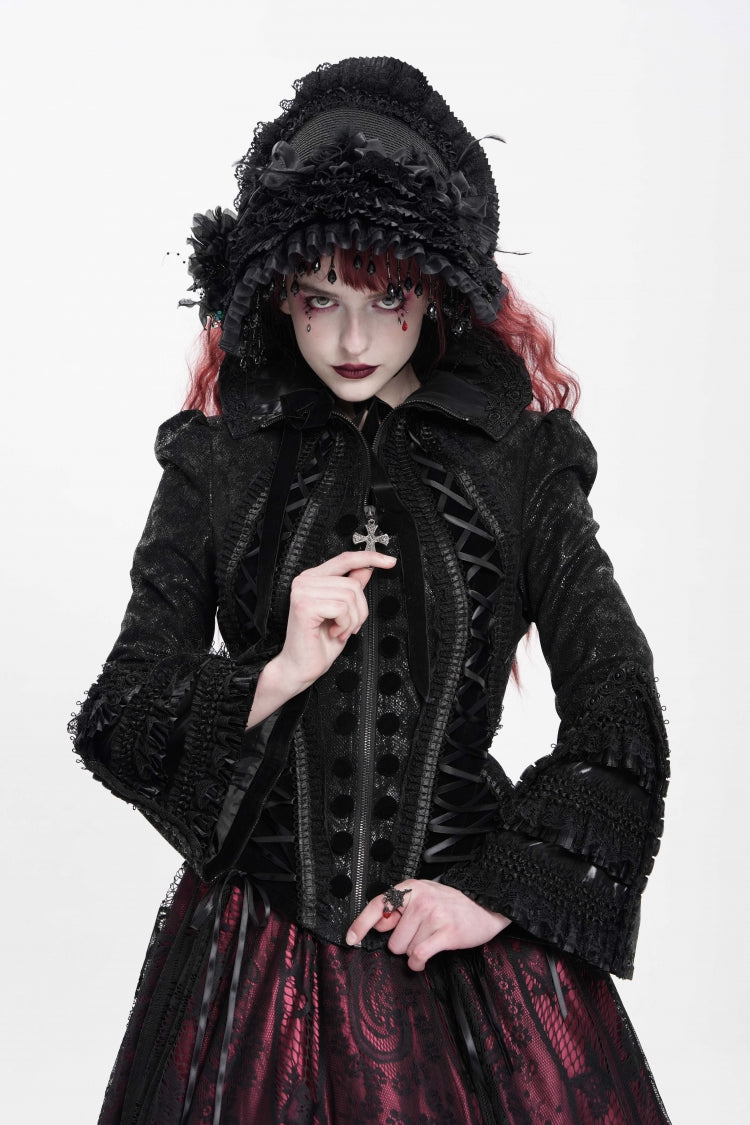 Black Lapel Collar Long Trumpet Sleeves Ruffle Lace-Up Zipper Women's Gothic Jacket