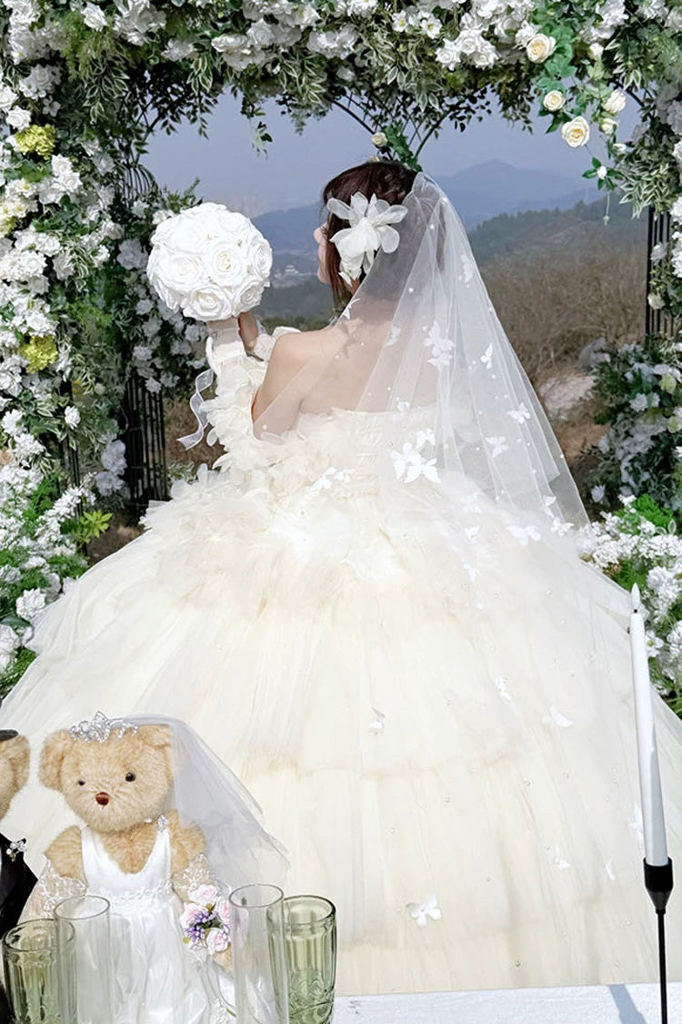 Apricot [Dream Confession] Sleeveless Triple-Layered Ruffled Hanayome Bow Lace Lace-Up Sweet Lolita Jsk Dress Long Version