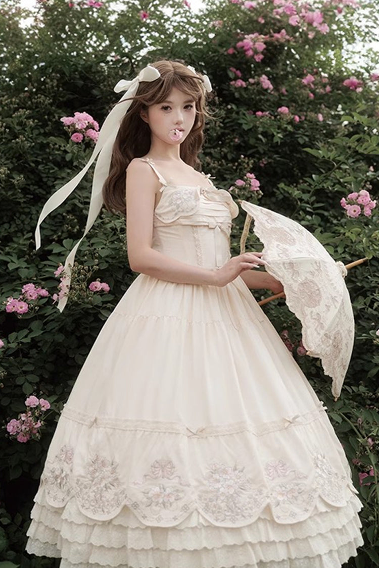 Apricot [Fantasy Butterfly] Triple-Layered Ruffle Embroidery Bowknot Lace Sweet Princess Lolita Jsk Dress
