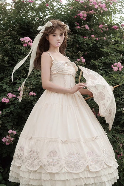 Apricot [Fantasy Butterfly] Triple-Layered Ruffle Embroidery Bowknot Lace Sweet Princess Lolita Jsk Dress