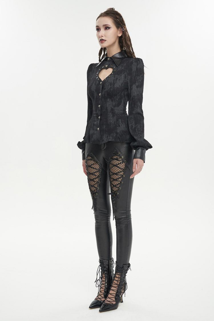 Black Leather lapel Heart Cutout Puff Sleeved Women's Gothic Shirt