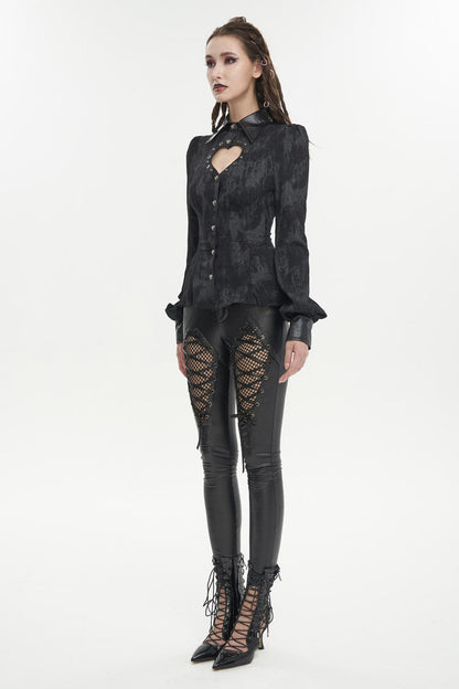 Black Leather lapel Heart Cutout Puff Sleeved Women's Gothic Shirt