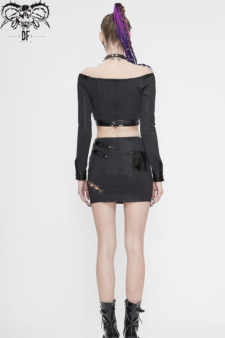 Black Long Sleeve Twill Off-Shoulder Chest Lace Up Splice Patent Leather Waist Seal Short Women's Punk T-Shirt