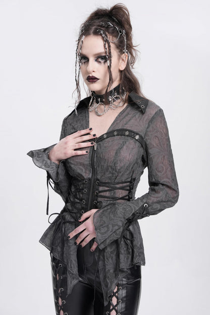 Black Long Sleeves Embroidery Lace-Up Irregular Sheer Women's Gothic Blouse