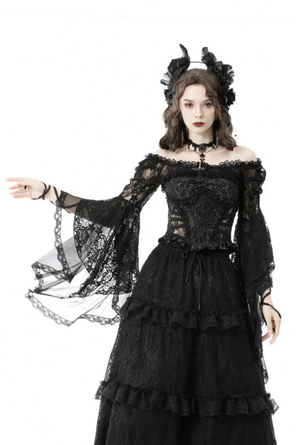 Black Off Shoulder Lace Long Trumpet Sleeves Floral Mesh Women's Gothic Cape