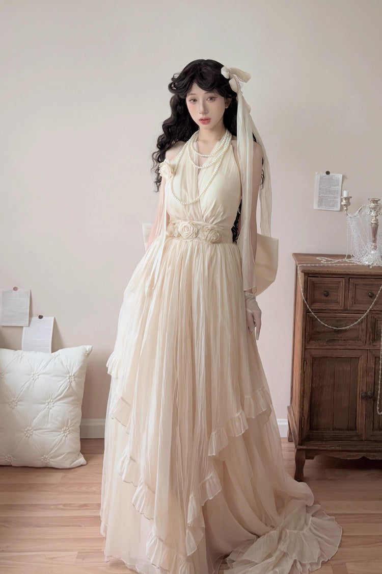 Apricot Halterneck Sleeveless Ruffle Bowknot Lace Sweet Princess Lolita Jsk Long Dress Set