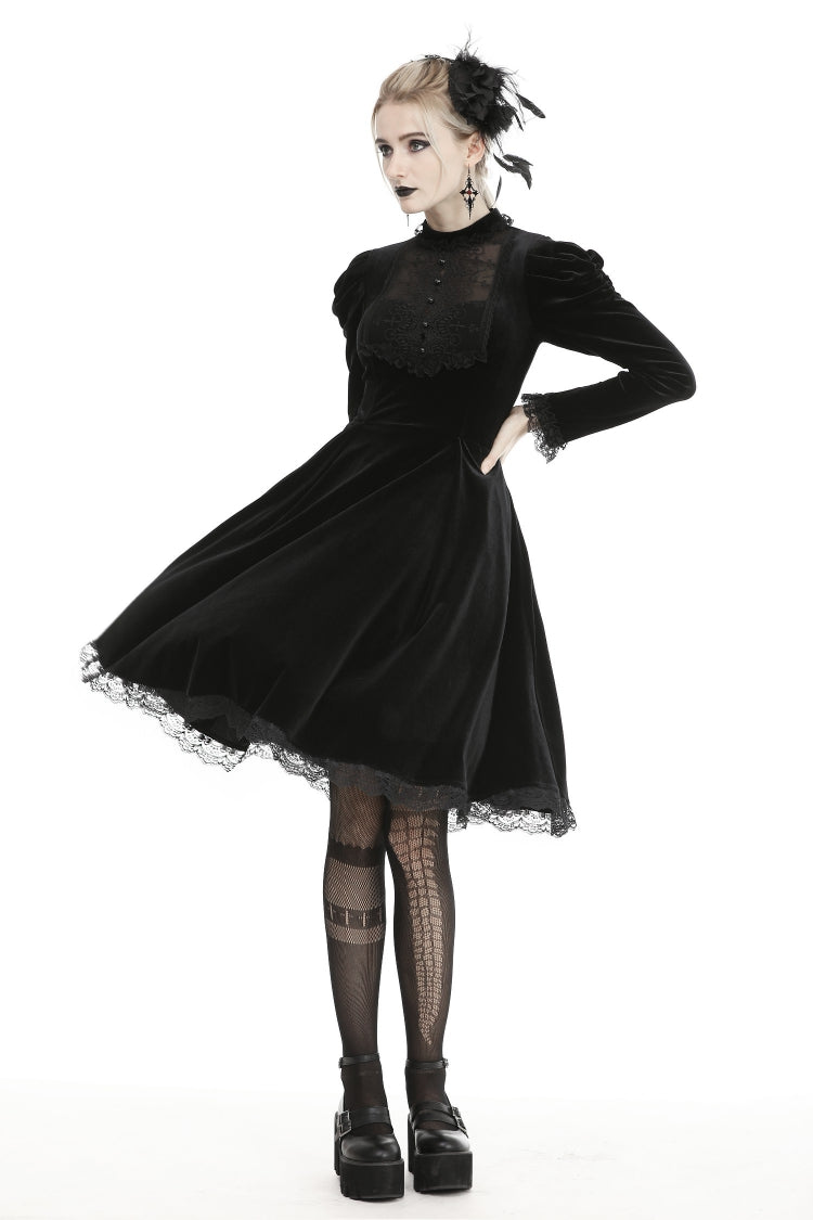 Black Lace Long Puff Sleeves Women's Gothic Velet Dress