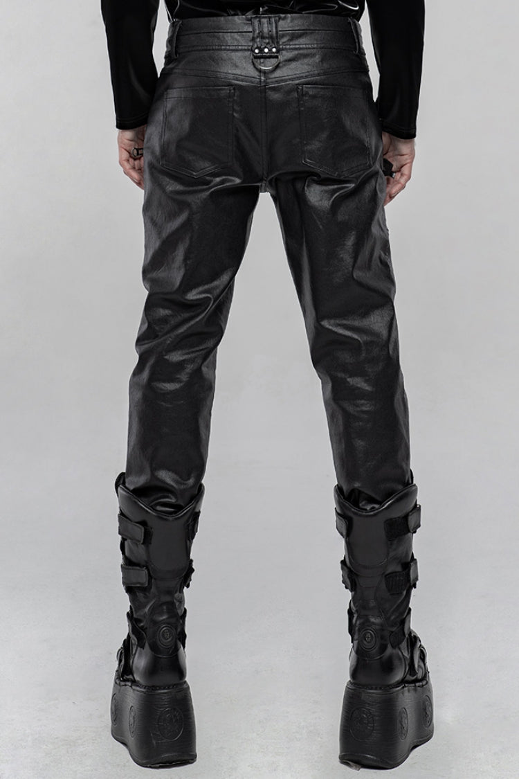 Black Faux Leather Metal Buckle Side Zipper Men's Steampunk Pants