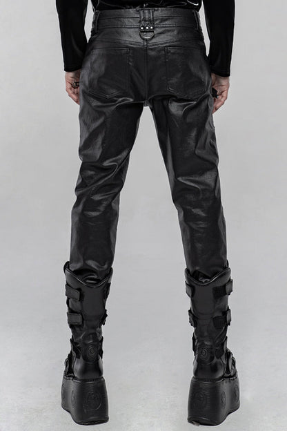 Black Faux Leather Metal Buckle Side Zipper Men's Steampunk Pants
