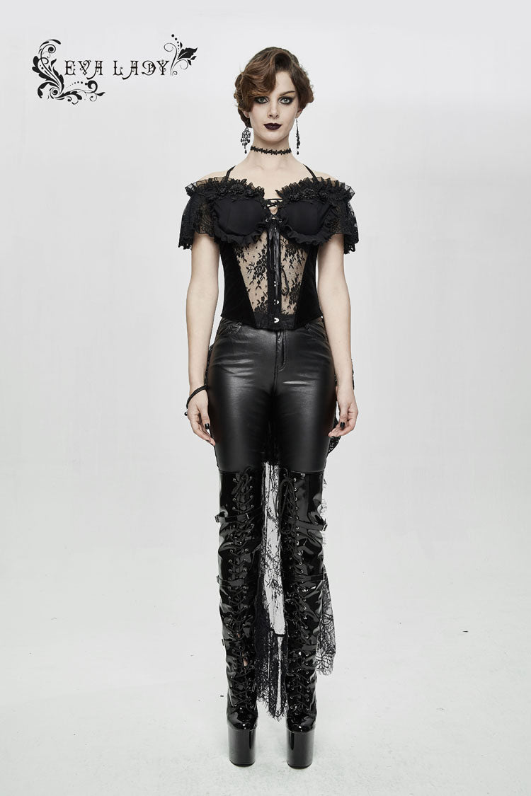 Black Gorgeous Sheer Floral Lace Ruffled Fitted Women's Gothic Corsets With Detachable Hem