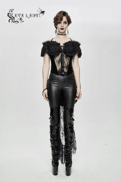 Black Gorgeous Sheer Floral Lace Ruffled Fitted Women's Gothic Corsets With Detachable Hem