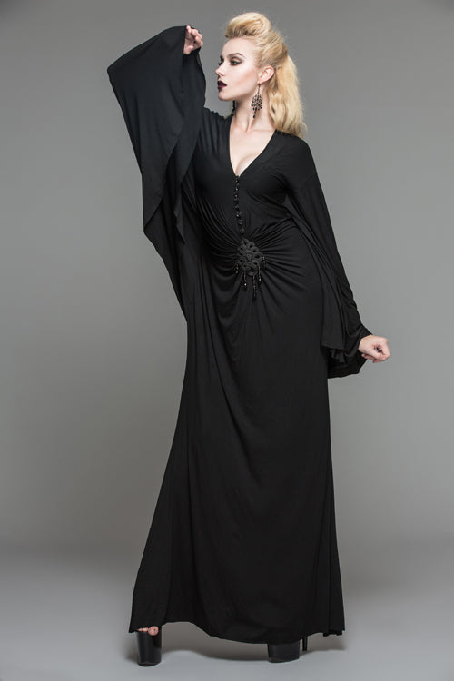 Black Frog Button Sexy Bat Sleeve Deep V Neck Gothic Womens Dress