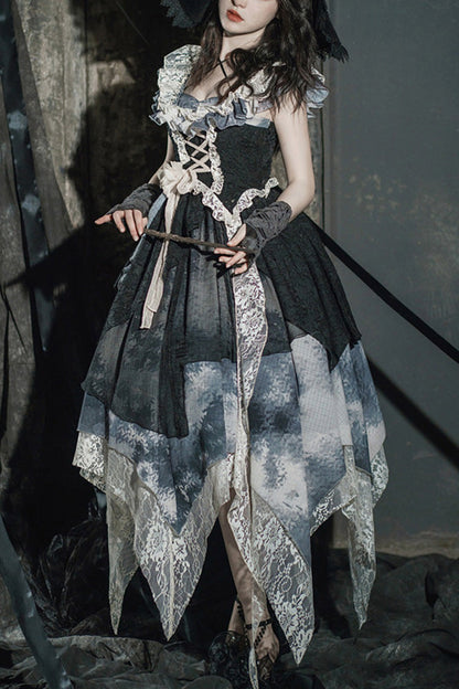 Black Letters And Poems Lace Sleeveless Printed Irregular Gothic Lolita Dress