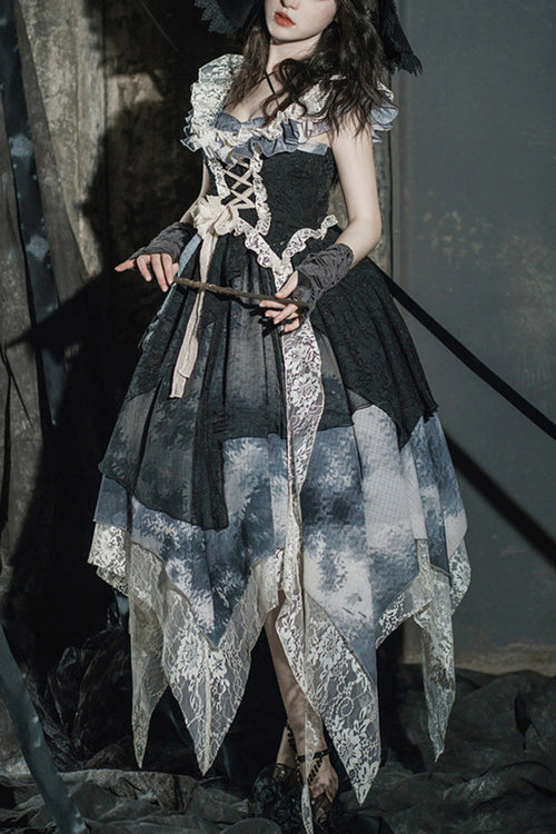 Black Letters And Poems Lace Sleeveless Printed Irregular Gothic Lolita Dress
