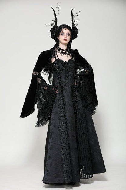 Black Long Puff Flared Sleeves Ruffled Lace Spliced Velvet Women's Gothic Cape