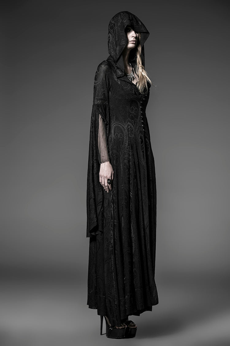 Black Hooded Metal Buckle Long Trumpet Sleeves Embroidery Womens Gothic Dress