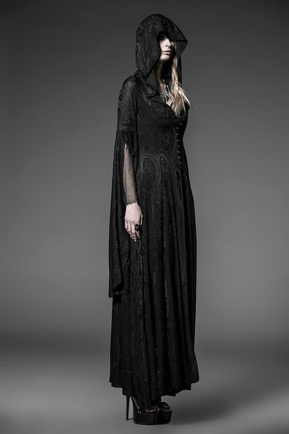Black Hooded Metal Buckle Long Trumpet Sleeves Embroidery Womens Gothic Dress