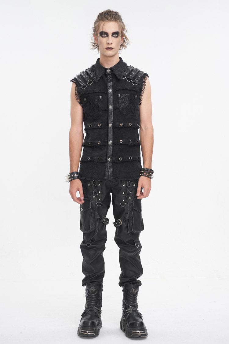 Black Lapel Collar Studded Slim Men's Punk Vest