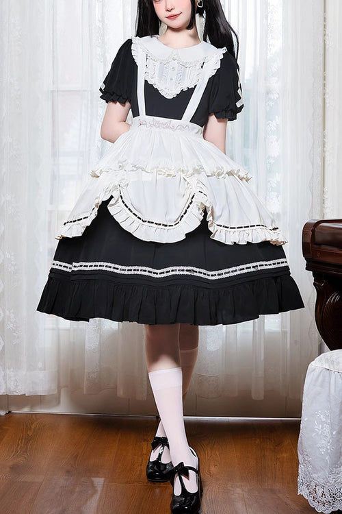 Black Lapel Collar Short Sleeves Ruffle Bowknot Maid Gothic Lolita Dress
