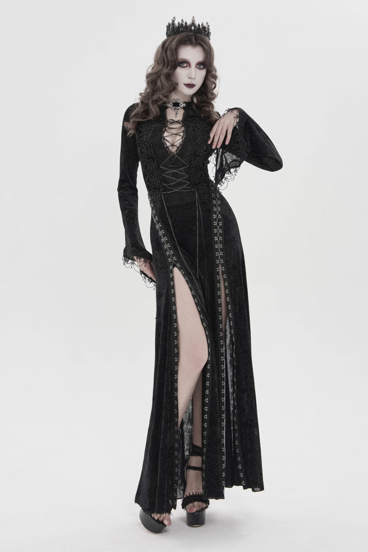 Black Halterneck Long Trumpet Sleeves Hanayome Lace Lace-Up Slim Chain-Decorated Women's Gothic Dress Plunging Split Maxi Dress