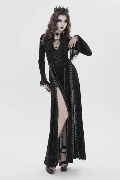 Black Halterneck Long Trumpet Sleeves Hanayome Lace Lace-Up Slim Chain-Decorated Women's Gothic Dress Plunging Split Maxi Dress