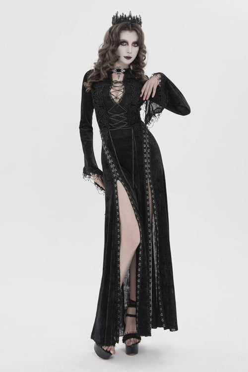 Black Halterneck Long Trumpet Sleeves Hanayome Lace Lace-Up Slim Chain-Decorated Women's Gothic Dress Plunging Split Maxi Dress