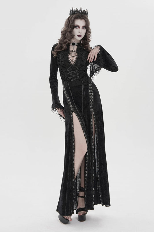 Black Halterneck Long Trumpet Sleeves Hanayome Lace Lace-Up Slim Chain-Decorated Women's Gothic Dress Plunging Split Maxi Dress
