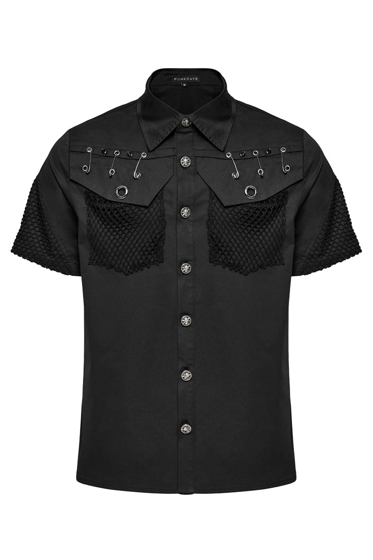 Black Lapel Collar Short Sleeves Mesh Stitching Men's Punk Blouse