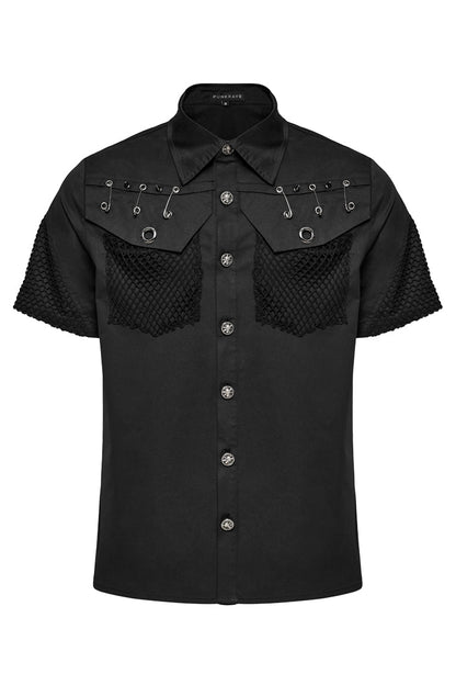 Black Lapel Collar Short Sleeves Mesh Stitching Men's Punk Blouse
