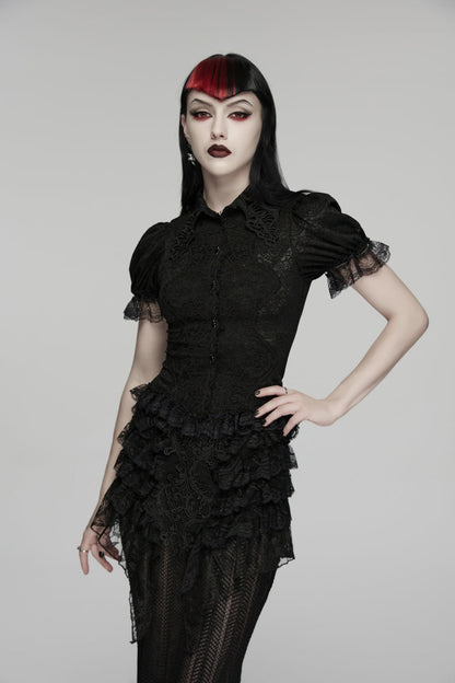 Black Lapel Collar Short Puff Sleeves Cut-Out Lace Lace-Up Slim Women's Gothic Blouse