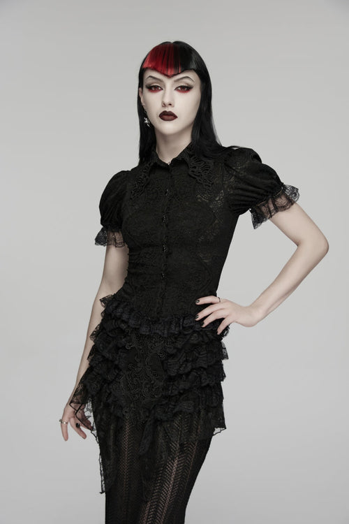 Black Lapel Collar Short Puff Sleeves Cut-Out Lace Lace-Up Slim Women's Gothic Blouse