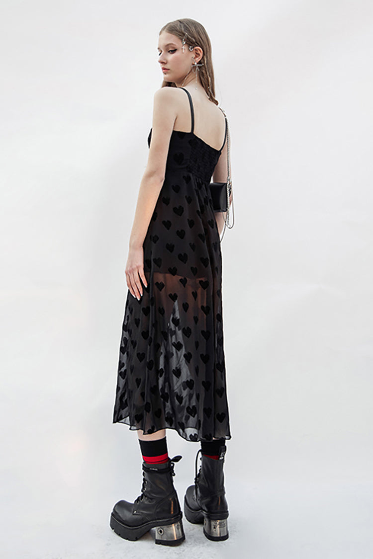 Black Heart Chiffon Waist Leather Sling Long Women's Gothic Dress