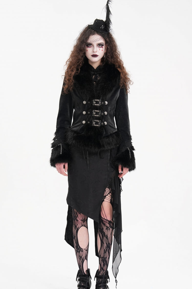 Black Faux Fur Bucket-up Chain Women's Gothic Jacket