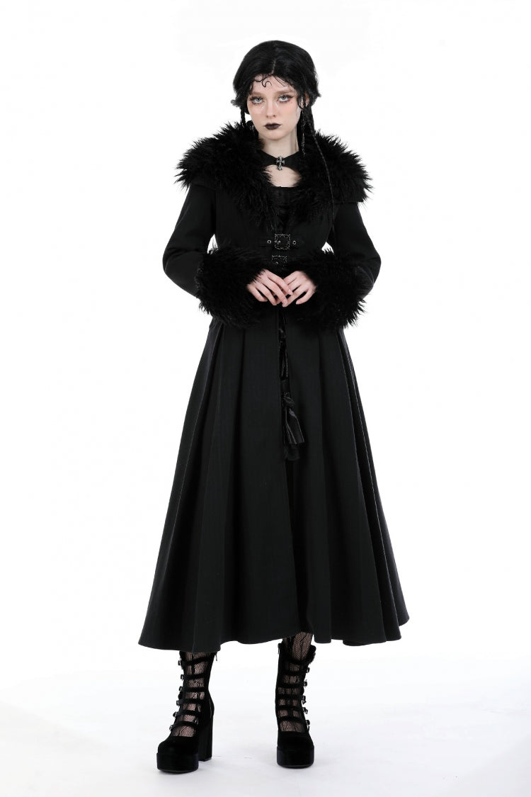 Black Long Sleeves Lace-Up Buckled Women's Gothic Draped Coat with Faux Fur Collar