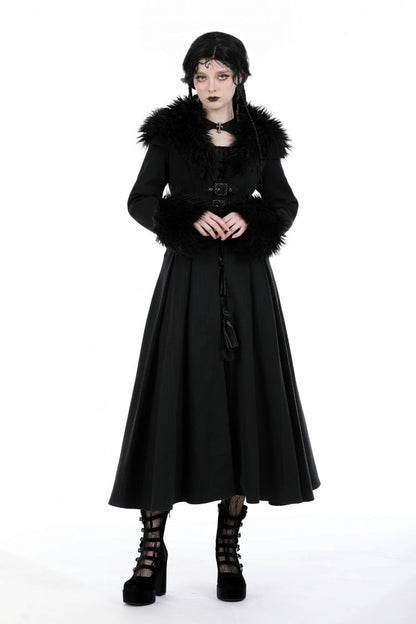Black Long Sleeves Lace-Up Buckled Women's Gothic Draped Coat with Faux Fur Collar
