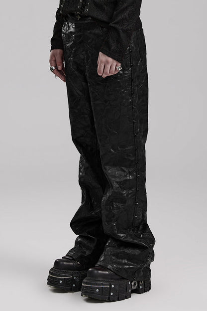 Black Metal Nails Decoration Simple Pleated PU Men's Steampunk Leather Pants