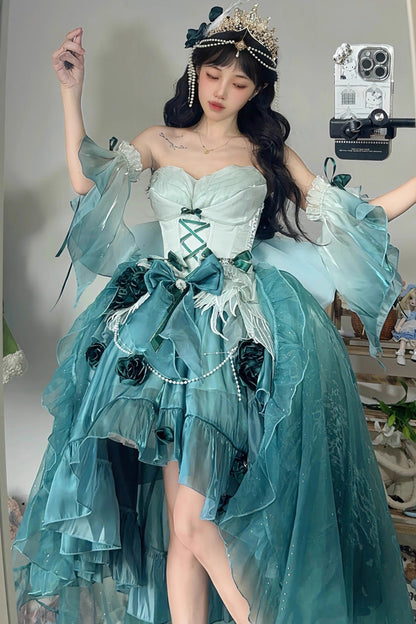 Amber Green [Swan Wonderland] Embroidery Bowknot Lace-Up Short Front Long Back Irregular Sweet Ballet Lolita Jsk Dress