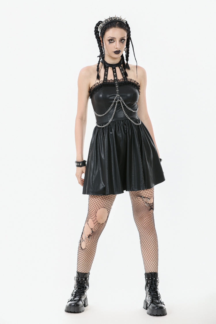 Black Halterneck Zippered Chain-Decorated Eyelet Women's Punk Faux Leather Dress