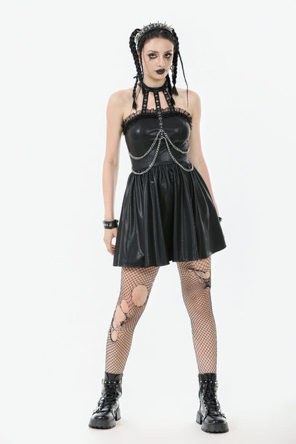 Black Halterneck Zippered Chain-Decorated Eyelet Women's Punk Faux Leather Dress