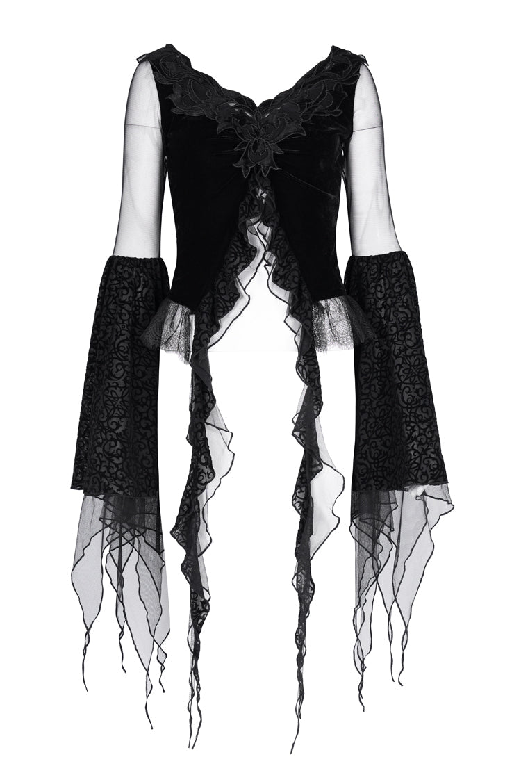 Black Long Sleeves Embroidery Mesh Ripped Women's Gothic Crop Top