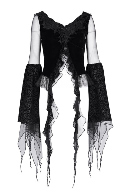 Black Long Sleeves Embroidery Mesh Ripped Women's Gothic Crop Top