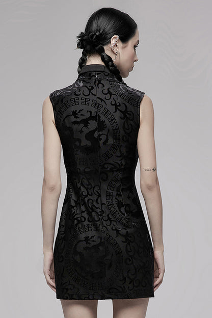 Black Chinese Style Stretch Velvet Burning Flower Dragon Totem Pattern Decoration Small Slit Hem Sleeveless Women's Gothic Dress