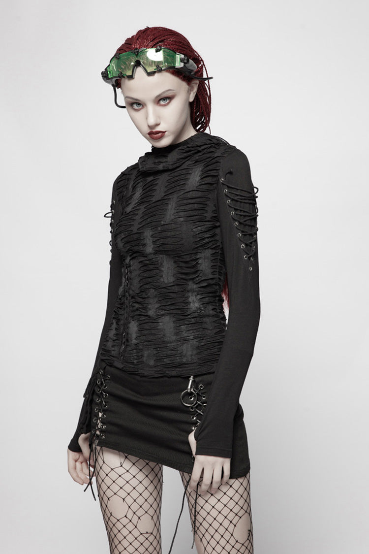 Black Broken Holes Arm DrawString Long Sleeve Hooded Knit Tight  Women's Gothic T-Shirt