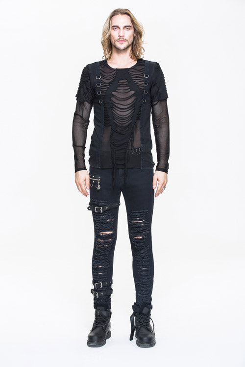 Black Knitted Diamond Mesh Mens Punk T-Shirt With Ribbons