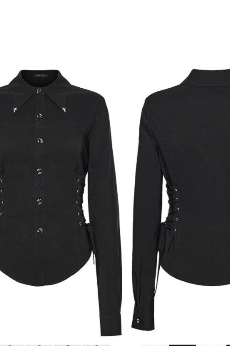 Black Lapel Collar Long Sleeves Lace-Up Slim Buckled Women's Gothic Blouse