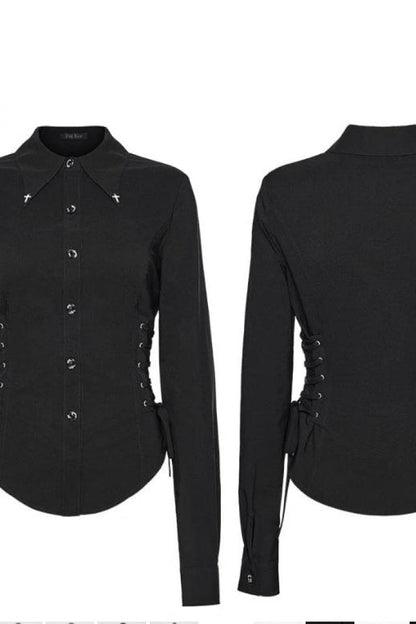 Black Lapel Collar Long Sleeves Lace-Up Slim Buckled Women's Gothic Blouse