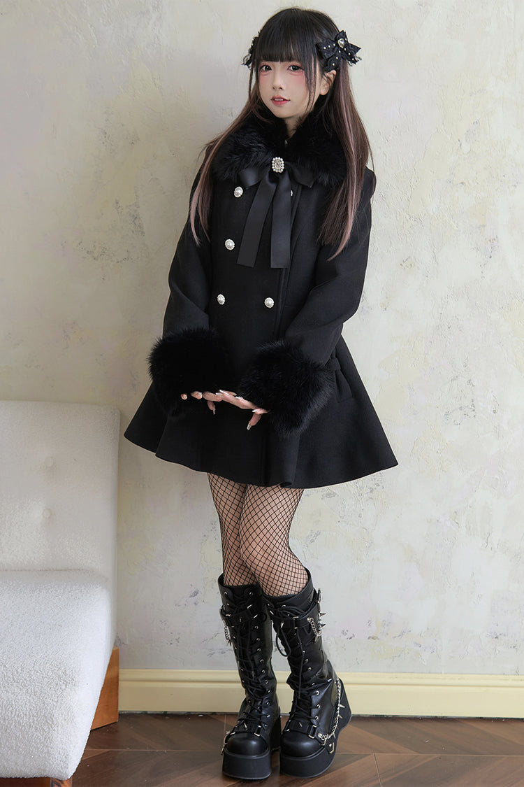 Black Double-Breasted Long Sleeves Bowknot Japanese Sweet Lolita Coat