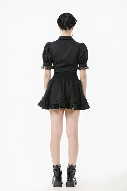 Black Point Lapel Collar Short Puff Sleeves Women's Gothic Blouse with Removable Rosette Cravat